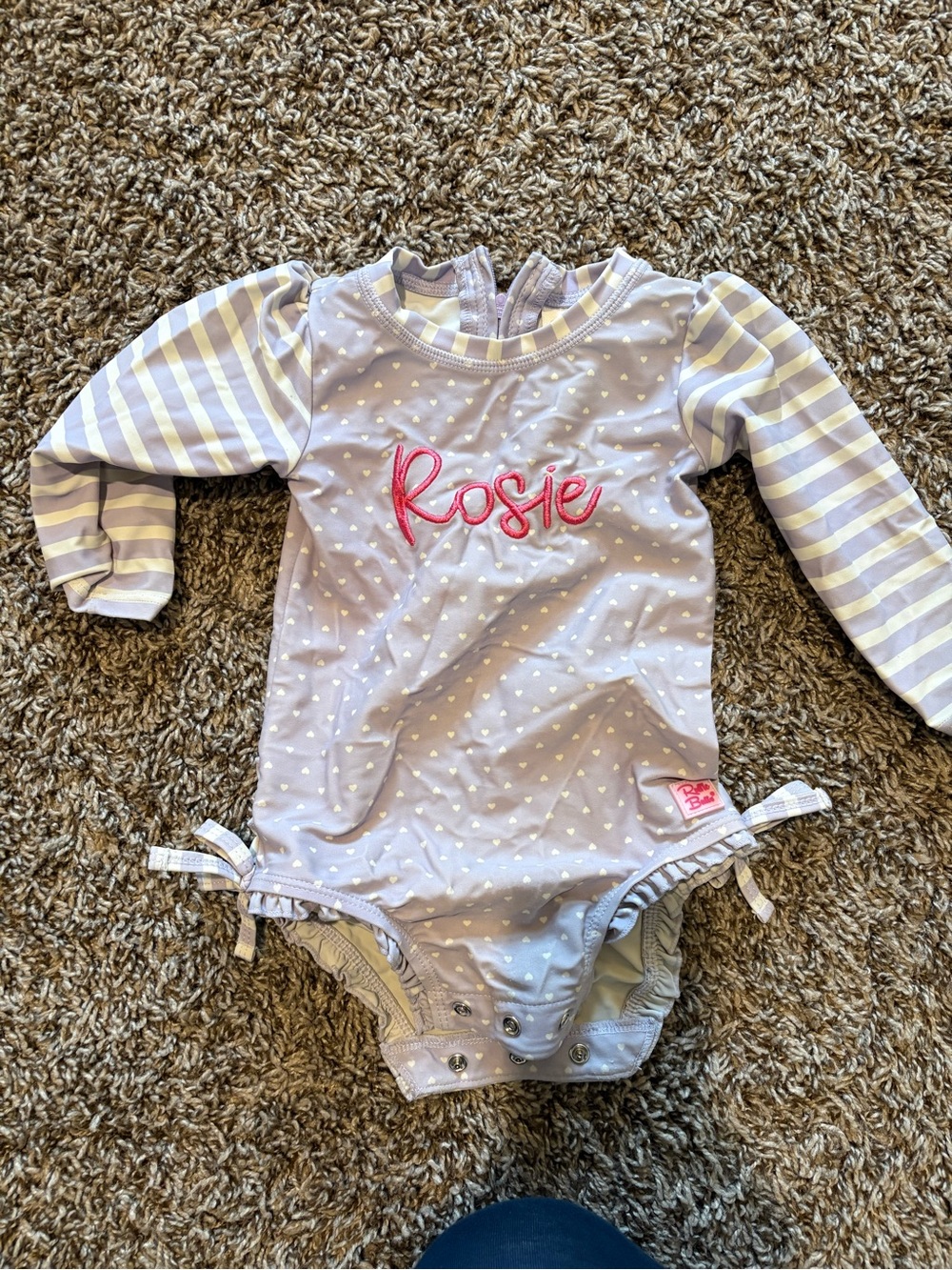 Ruffle Butts Lavender Heart Rashguard One-Piece with Pink 'Rosie' Embroidery